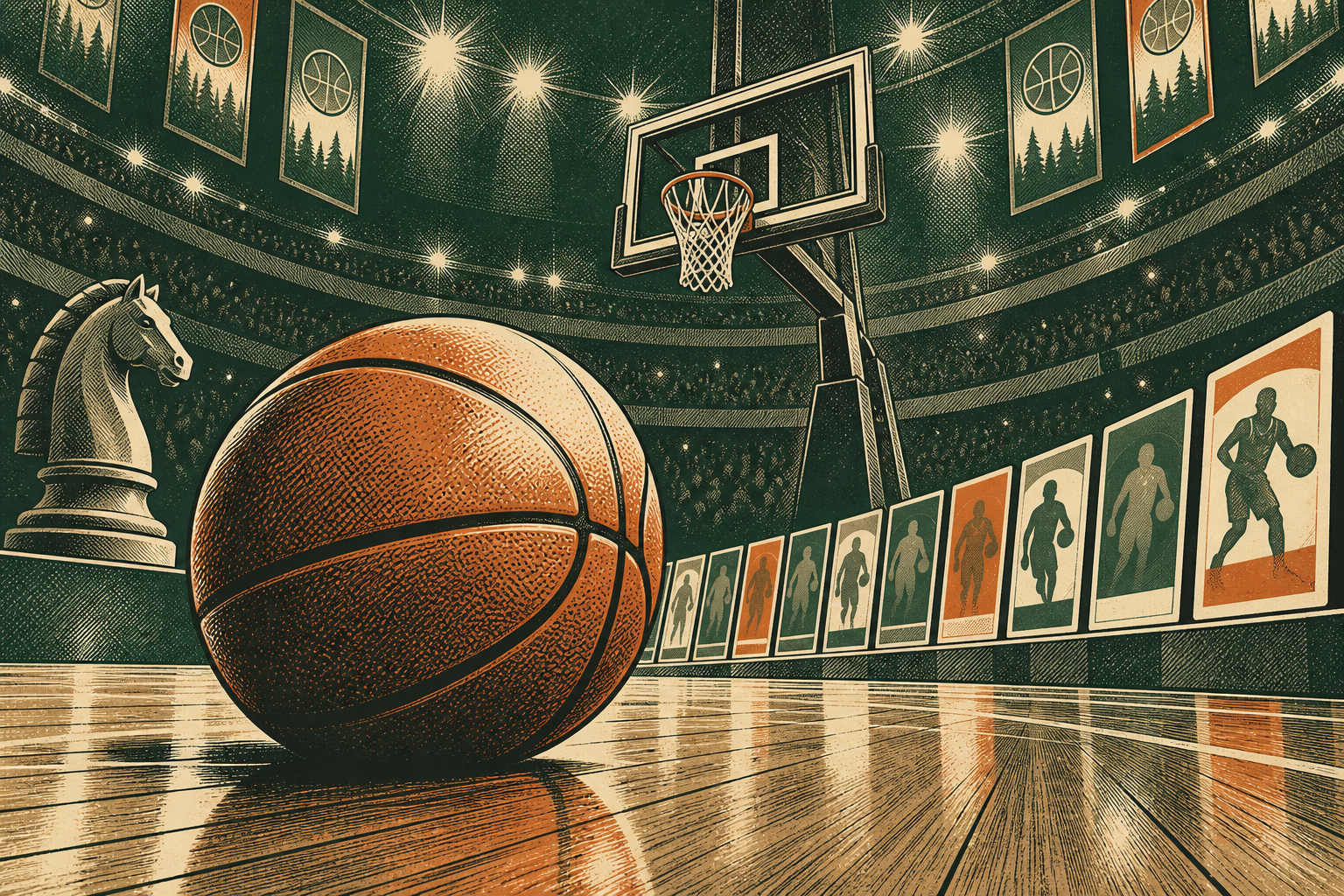 Editorial illustration of a basketball arena, a basketball and a chess knight
